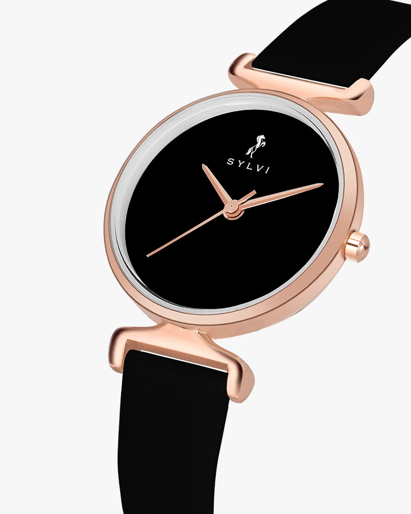 Sylvi Velvetine Black-Rosegold-Black Leather Strap Watch for Women