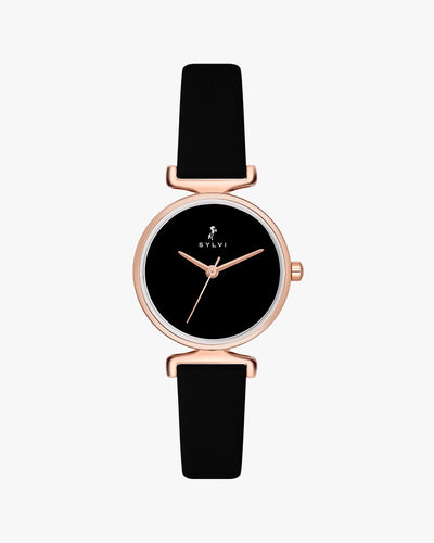 Sylvi Velvetine Black-Rosegold-Black Leather Strap Watch for Women