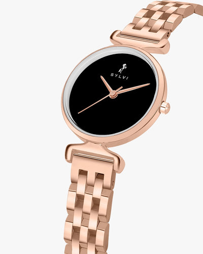 Sylvi Velvetine Black-Rosegold-Rosegold Stainless Steel Strap Watch for Women