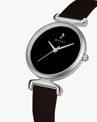 Sylvi Velvetine Black-Silver-Coffee Leather Strap Watch for Women