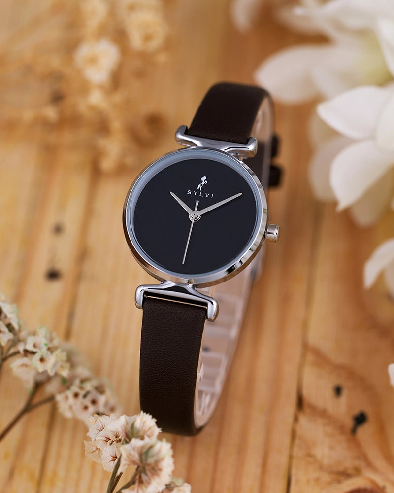 Sylvi Velvetine Black-Silver-Coffee Leather Strap Watch for Women