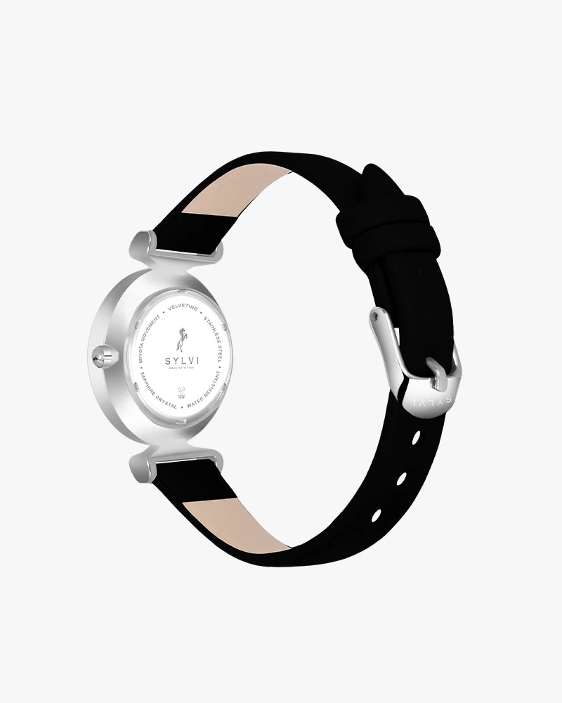 Sylvi Velvetine Black-Silver-Black Leather Strap Watch for Women