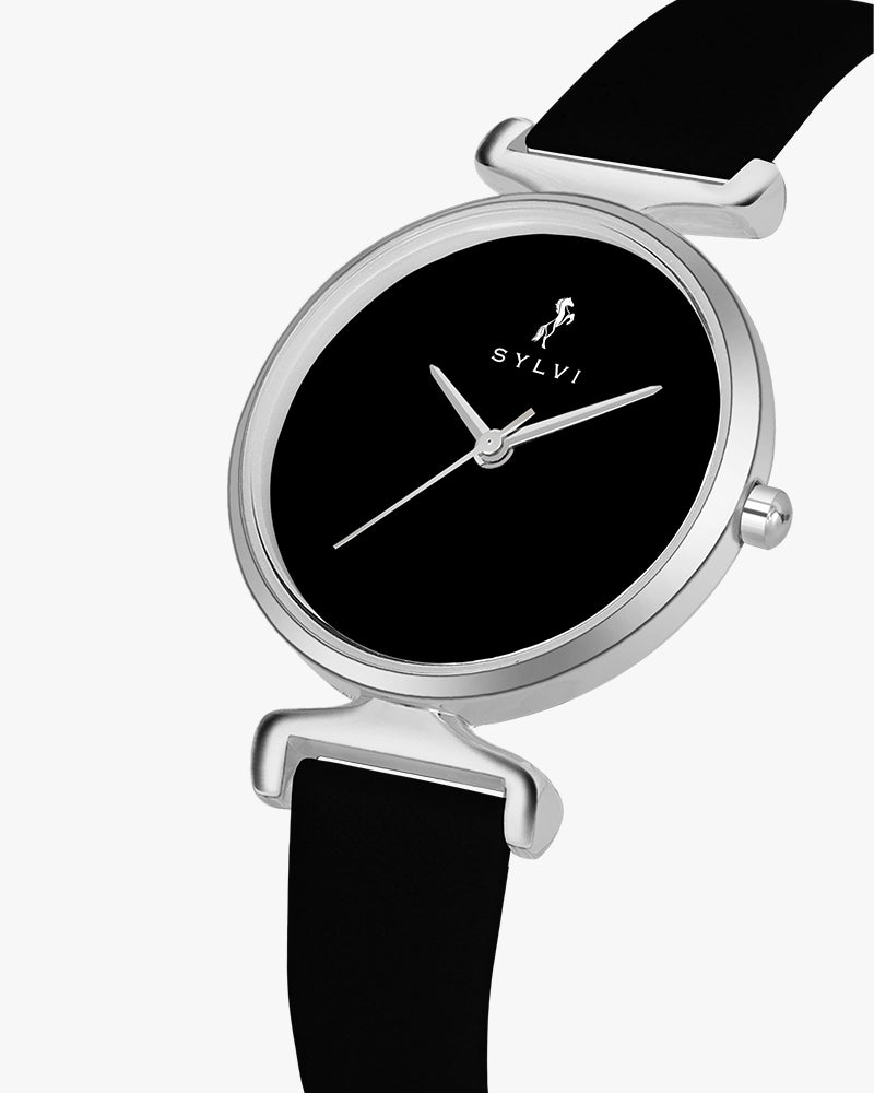 Sylvi Velvetine Black-Silver-Black Leather Strap Watch for Women