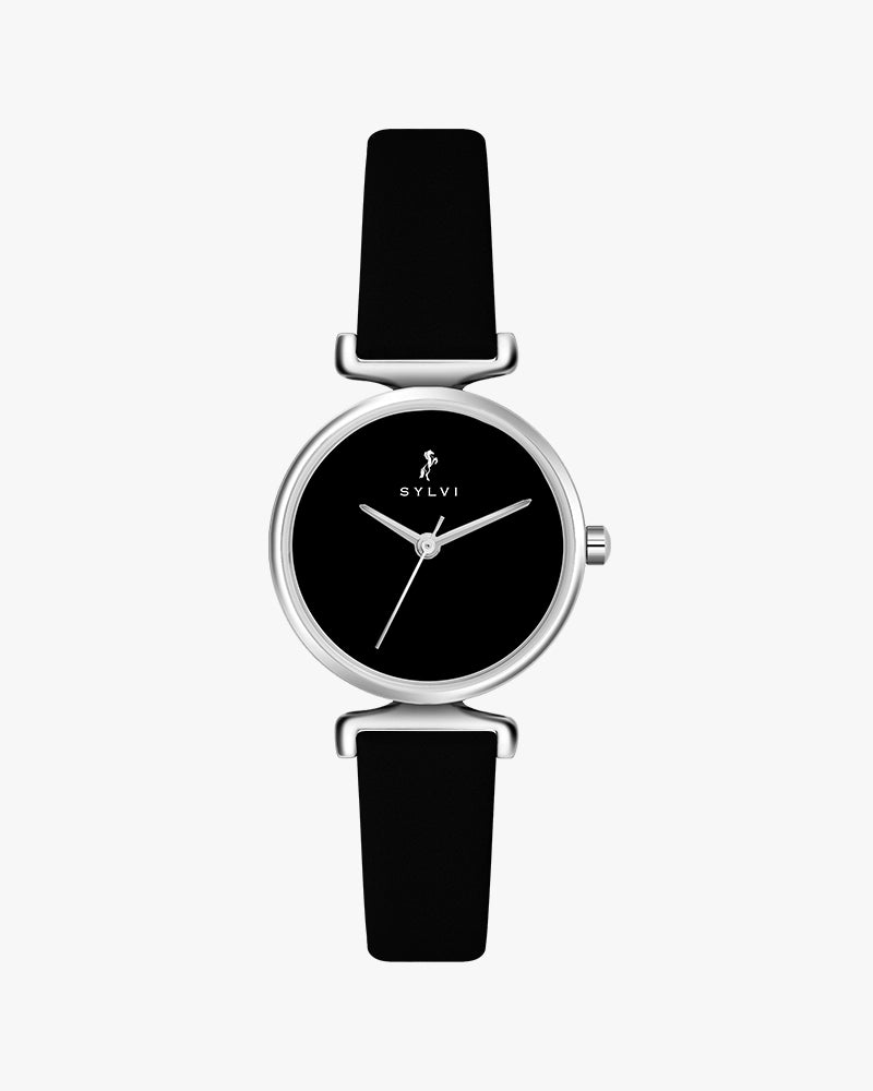 Sylvi Velvetine Black-Silver-Black Leather Strap Watch for Women