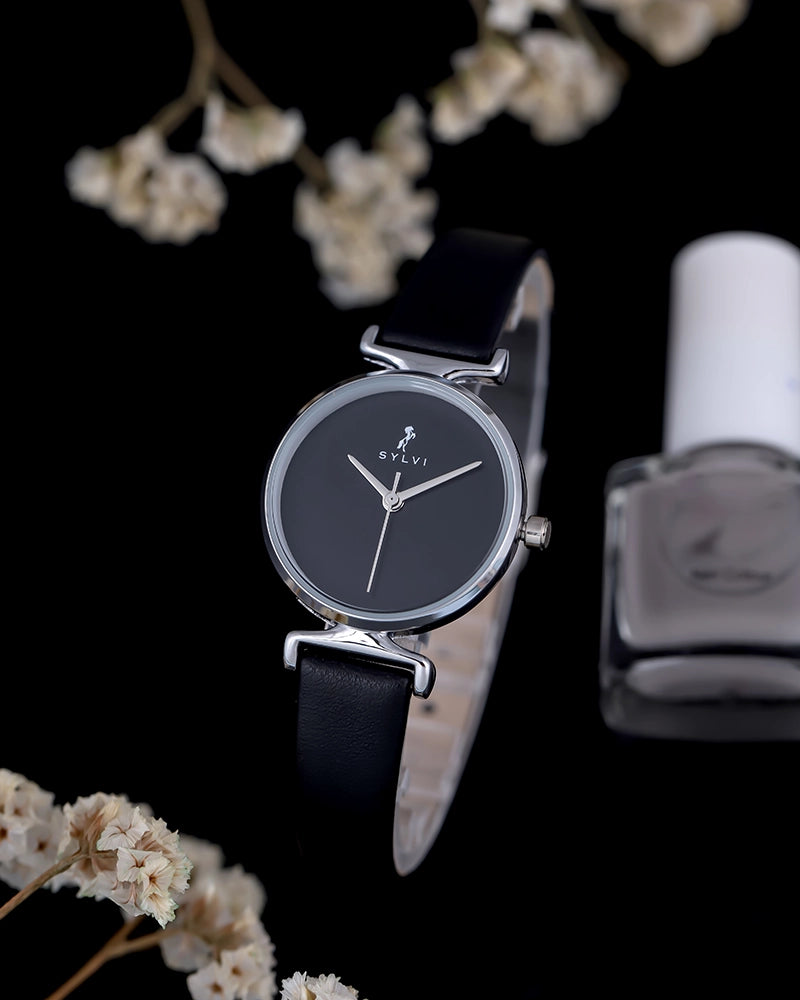 Sylvi Velvetine Black-Silver-Black Leather Strap Watch for Women