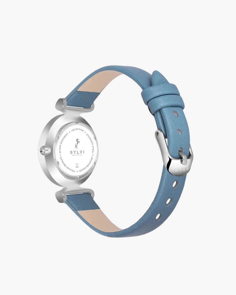 Sylvi Velvetine Black-Silver-Sky Blue Leather Strap Watch for Women