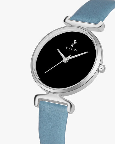 Sylvi Velvetine Black-Silver-Sky Blue Leather Strap Watch for Women