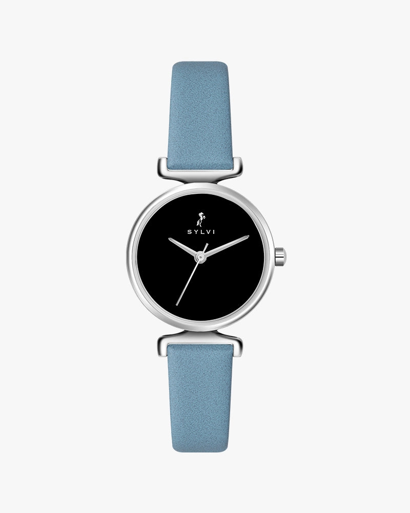 Sylvi Velvetine Black-Silver-Sky Blue Leather Strap Watch for Women