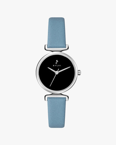 Sylvi Velvetine Black-Silver-Sky Blue Leather Strap Watch for Women