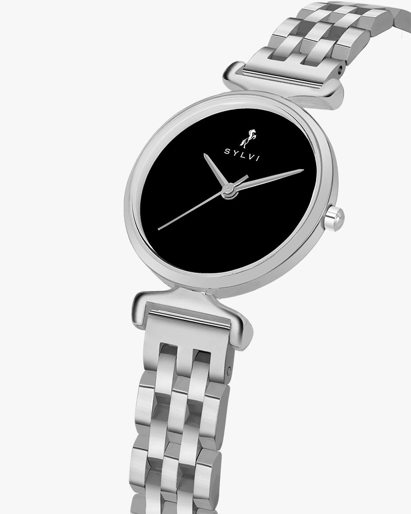 Sylvi Velvetine Black-Silver-Silver Stainless Steel Strap Watch for Women