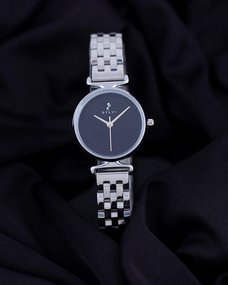 Sylvi Velvetine Black-Silver-Silver Stainless Steel Strap Watch for Women