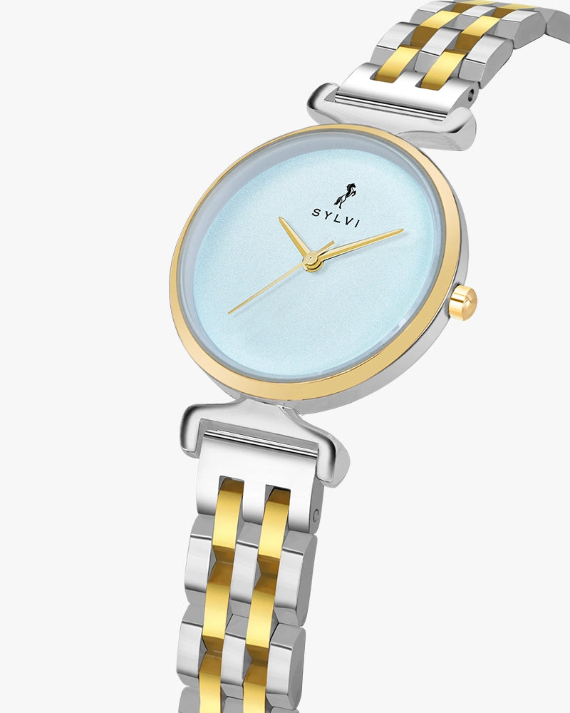 Sylvi Velvetine Sky Blue-Gold-Silver Stainless Steel Strap Watch for Women