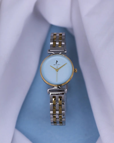 Sylvi Velvetine Sky Blue-Gold-Silver Stainless Steel Strap Watch for Women