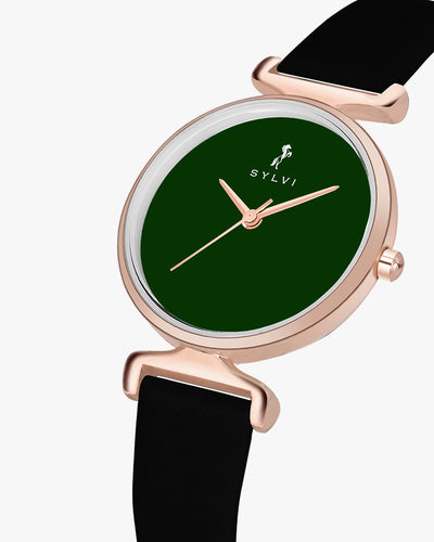 Sylvi Velvetine Green-Rosegold-Black Leather Strap Watch for Women