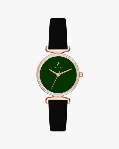 Sylvi Velvetine Green-Rosegold-Black Leather Strap Watch for Women