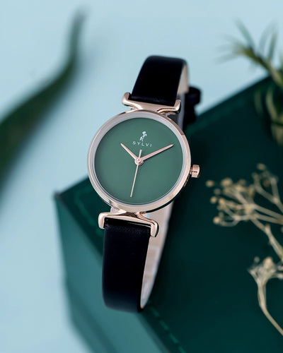 Sylvi Velvetine Green-Rosegold-Black Leather Strap Watch for Women