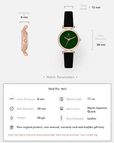 Sylvi Velvetine Green-Rosegold-Black Leather Strap Watch for Women