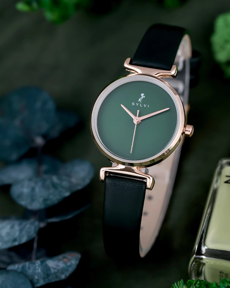 Sylvi Velvetine Green-Rosegold-Green Leather Strap Watch for Women