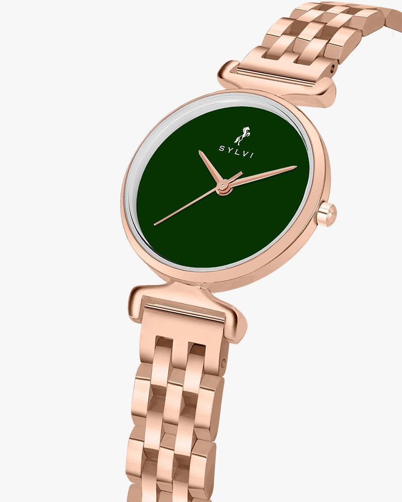 Sylvi Velvetine Green-Rosegold-Rosegold Stainless Steel Strap Watch for Women