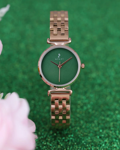 Sylvi Velvetine Green-Rosegold-Rosegold Stainless Steel Strap Watch for Women