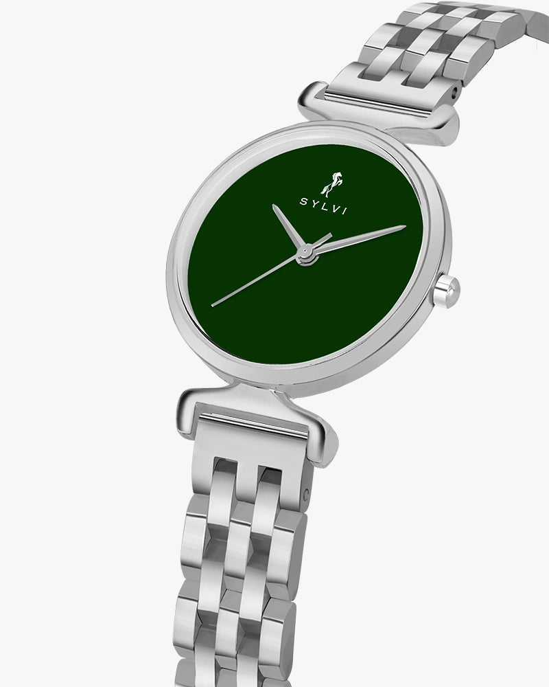 Sylvi Velvetine Green-Silver-Silver Stainless Steel Strap Watch for Women