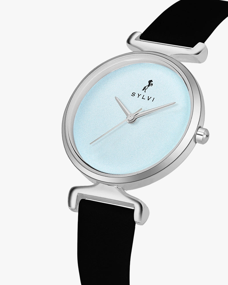 Sylvi Velvetine Sky Blue-Silver-Black Leather Strap Watch for Women