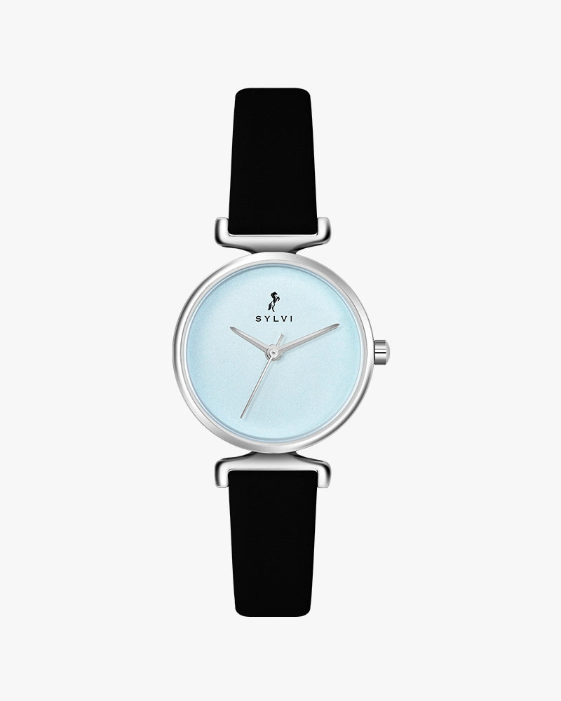 Sylvi Velvetine Sky Blue-Silver-Black Leather Strap Watch for Women