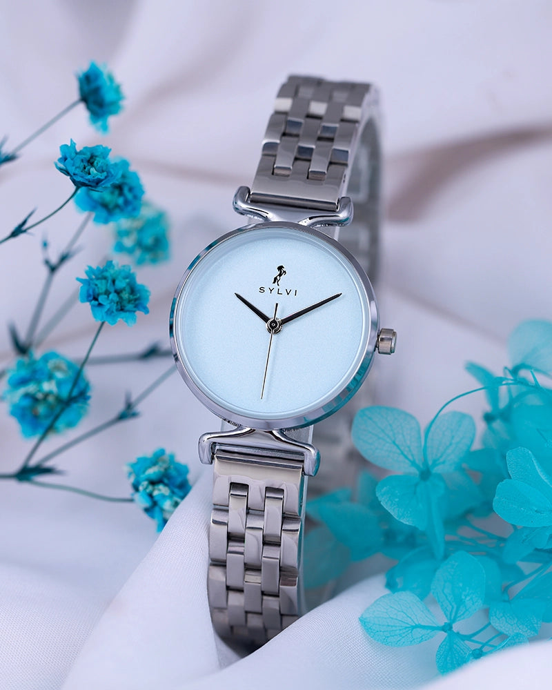 Sylvi Velvetine Sky Blue-Silver-Silver Stainless Steel Strap Watch for Women