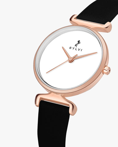 Sylvi Velvetine White-Rosegold-Black Leather Strap Watch for Women