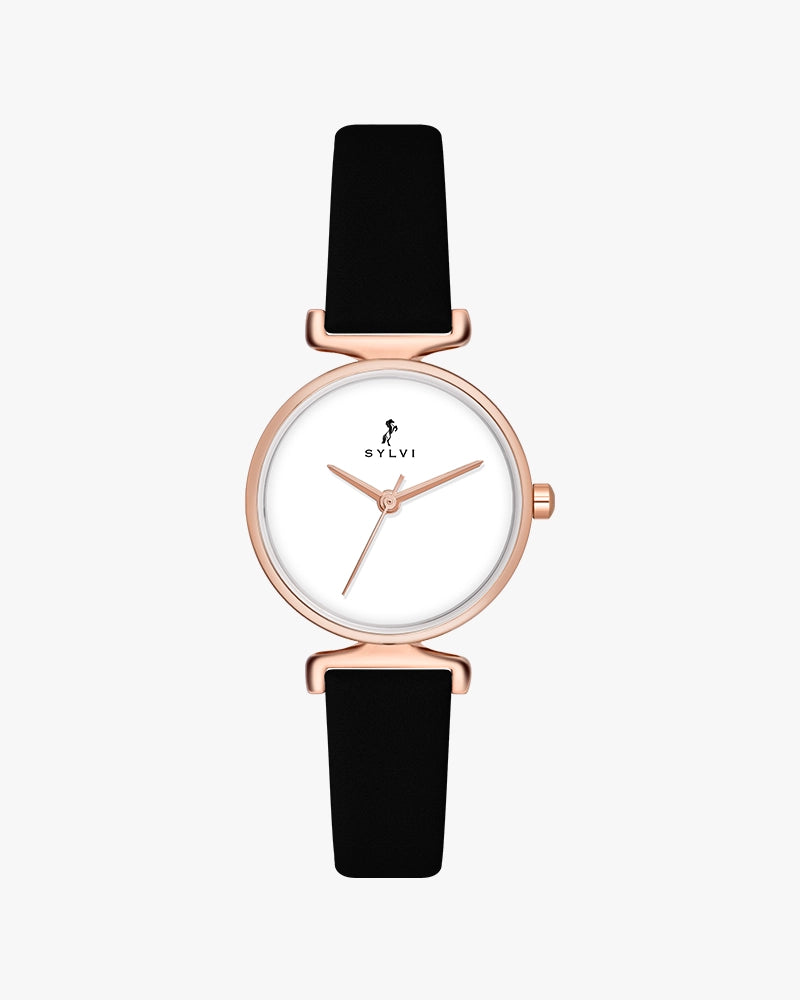 Sylvi Velvetine White-Rosegold-Black Leather Strap Watch for Women