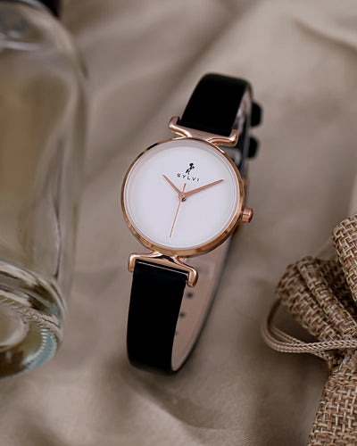 Sylvi Velvetine White-Rosegold-Black Leather Strap Watch for Women