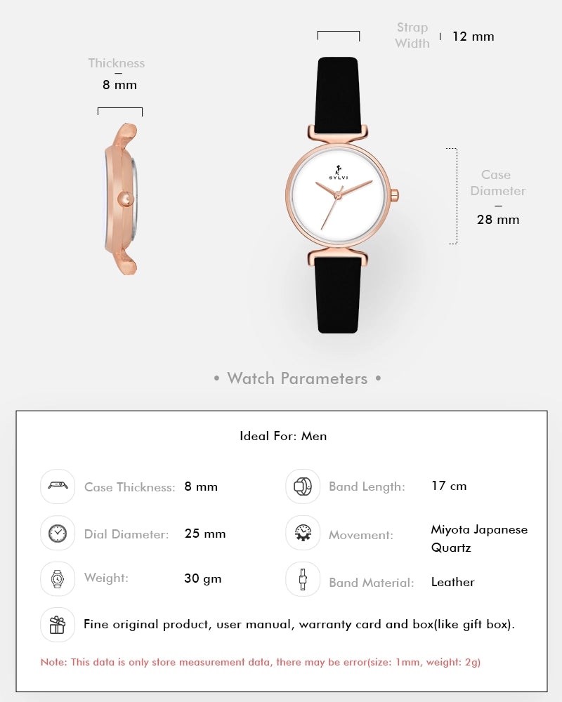 Sylvi Velvetine White-Rosegold-Black Leather Strap Watch for Women