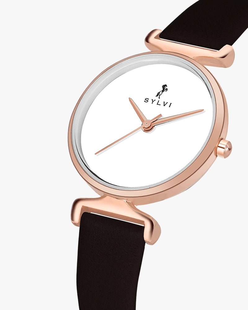 Sylvi Velvetine White-Rosegold-Coffee Leather Strap Watch for Women