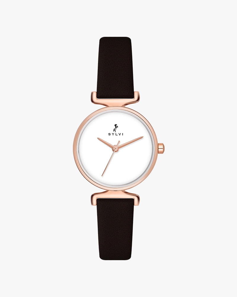 Sylvi Velvetine White-Rosegold-Coffee Leather Strap Watch for Women