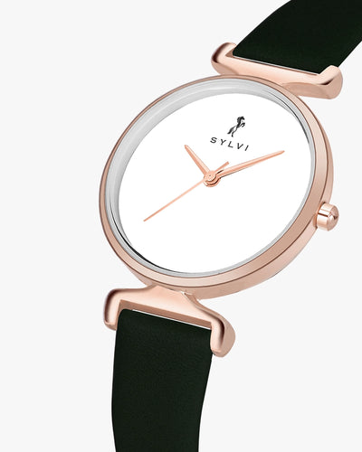 Sylvi Velvetine White-Rosegold-Green Leather Strap Watch for Women