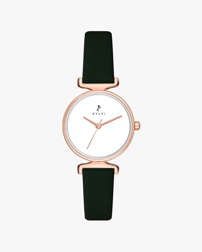 Sylvi Velvetine White-Rosegold-Green Leather Strap Watch for Women