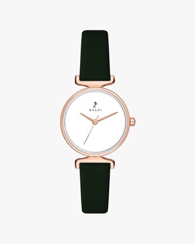 Sylvi Velvetine White-Rosegold-Green Leather Strap Watch for Women