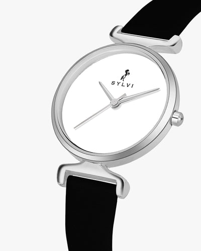 Sylvi Velvetine White-Silver-Black Leather Strap Watch for Women