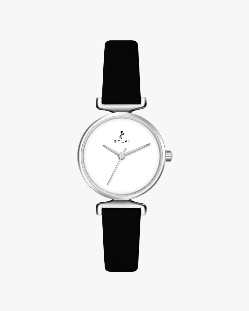 Sylvi Velvetine White-Silver-Black Leather Strap Watch for Women