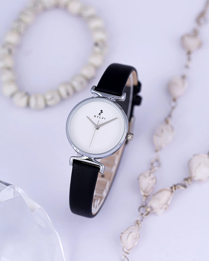 Sylvi Velvetine White-Silver-Black Leather Strap Watch for Women