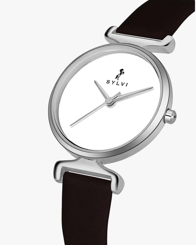 Sylvi Velvetine White-Silver-Coffee Leather Strap Watch for Women