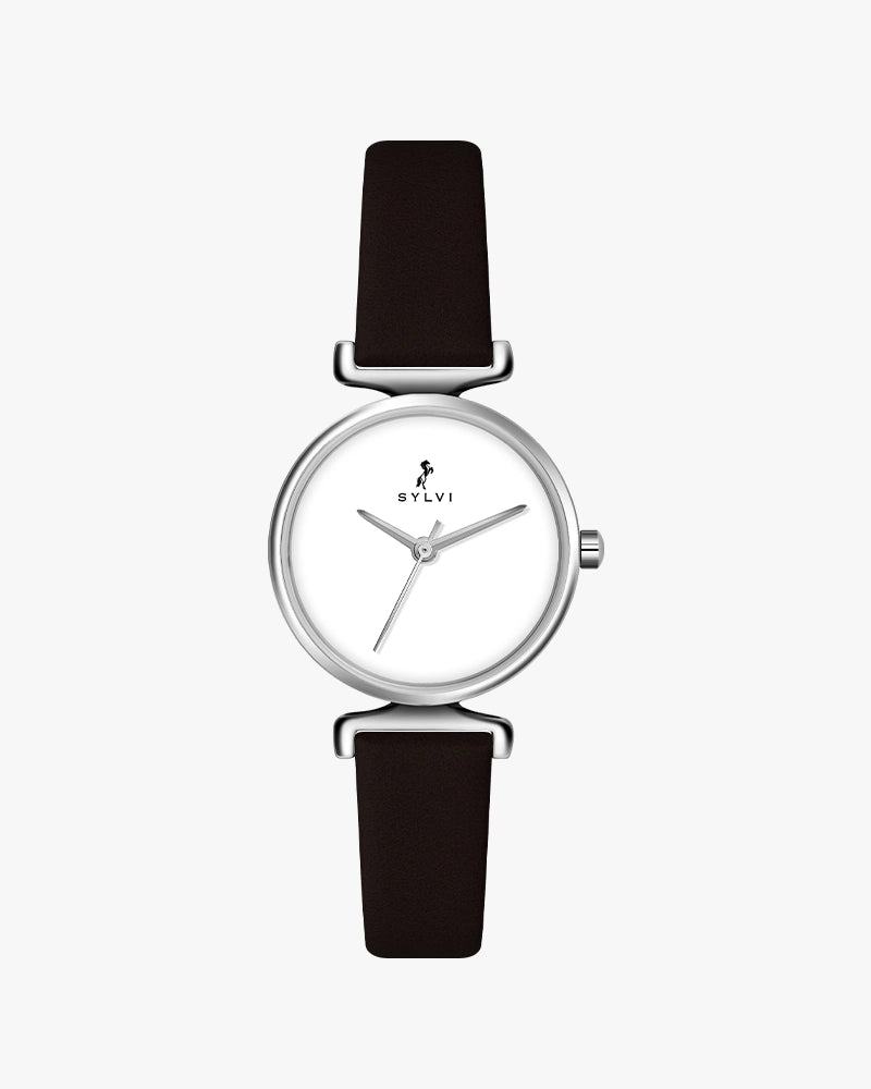 Sylvi Velvetine White-Silver-Coffee Leather Strap Watch for Women