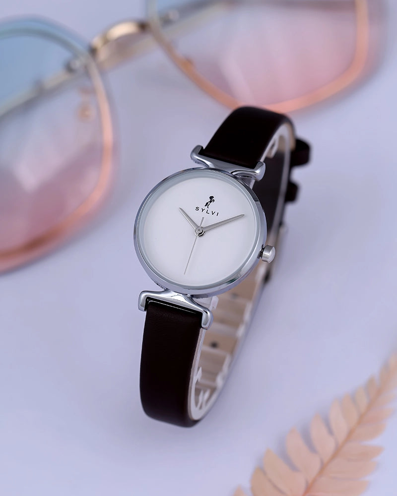 Sylvi Velvetine White-Silver-Coffee Leather Strap Watch for Women