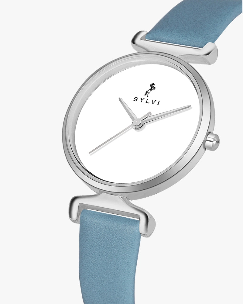 Sylvi Velvetine White-Silver-Sky Blue Leather Strap Watch for Women