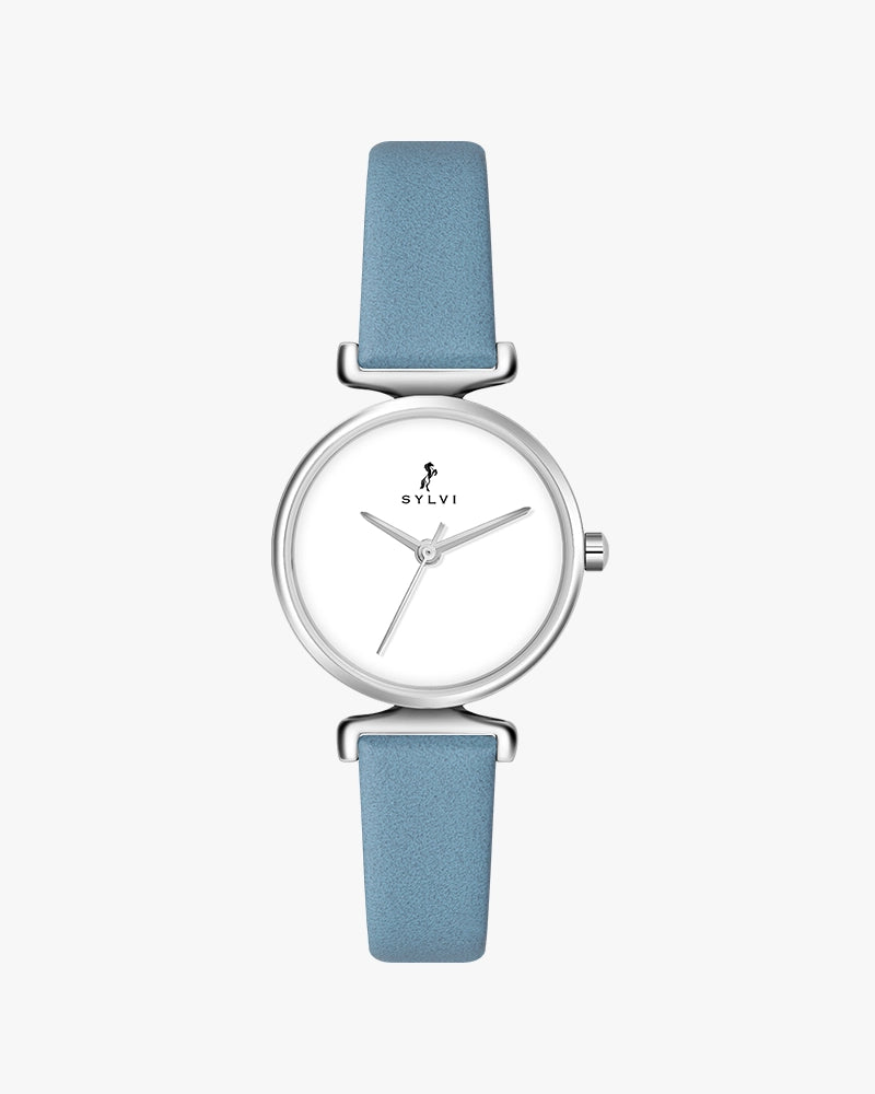 Sylvi Velvetine White-Silver-Sky Blue Leather Strap Watch for Women