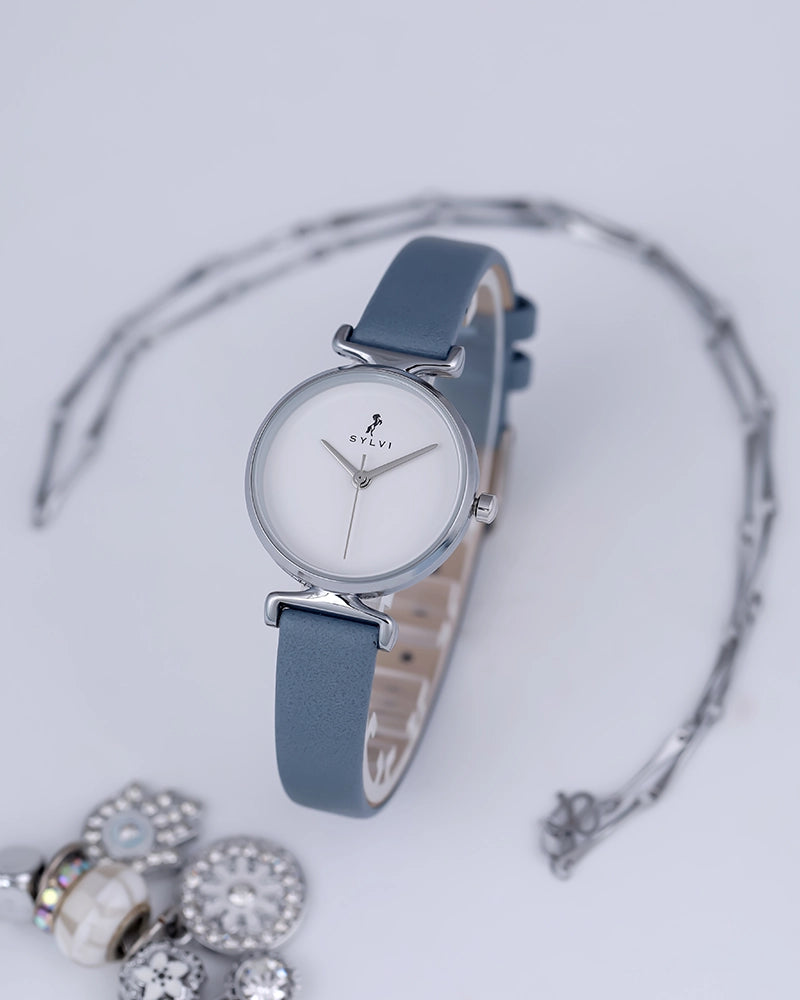 Sylvi Velvetine White-Silver-Sky Blue Leather Strap Watch for Women