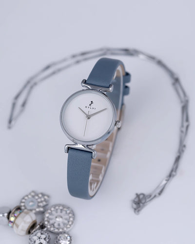 Sylvi Velvetine White-Silver-Sky Blue Leather Strap Watch for Women