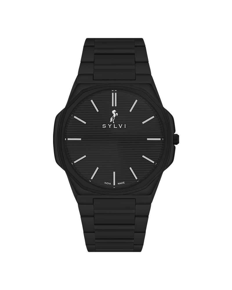 Sylvi Blade black dial men's analog watch with stainless steel strap – front view
