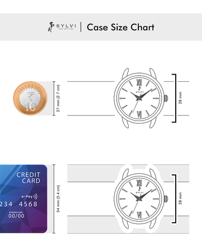 Sylvi watch case size chart with a coin, credit card, and watch for scale.