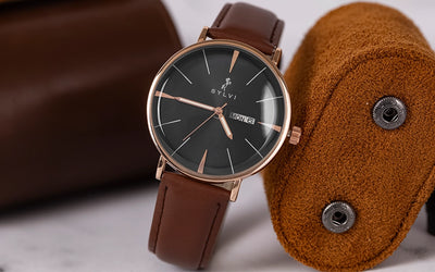 Sylvi Elegadoom Brown Leather Watch Side Angle Props Image